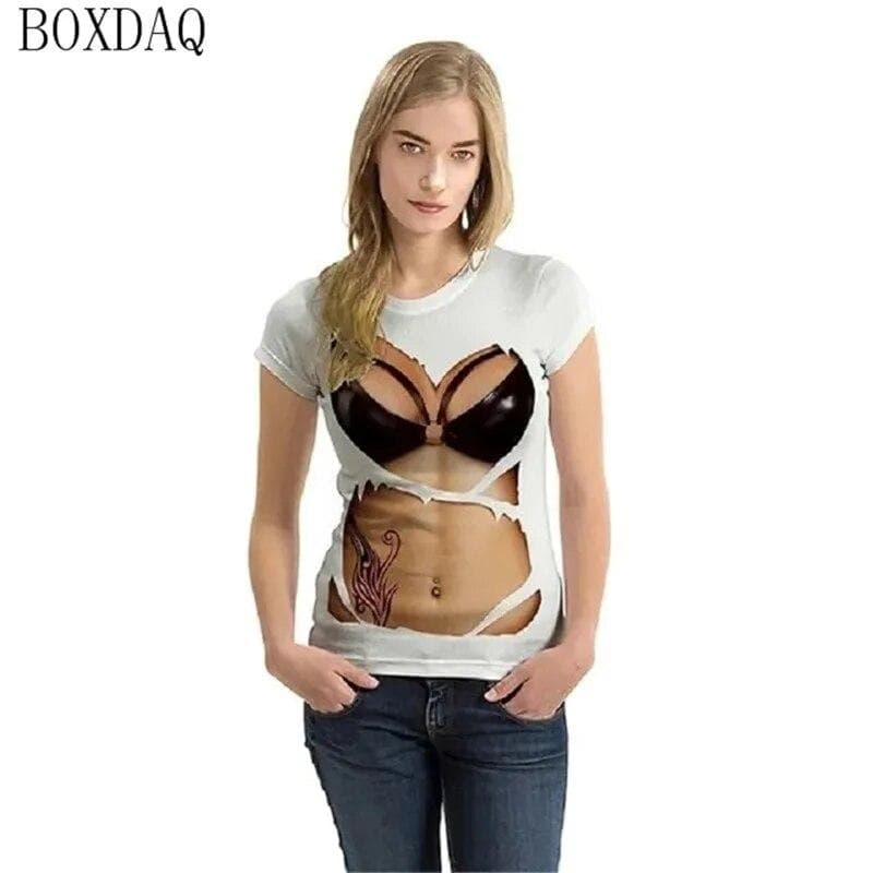 Women Summer Cool T-Shirts Sexy Perspective 3D boobs Print Short Sleeve Ladies T Shirt Summer O-Neck Breast Pattern Street Tops L