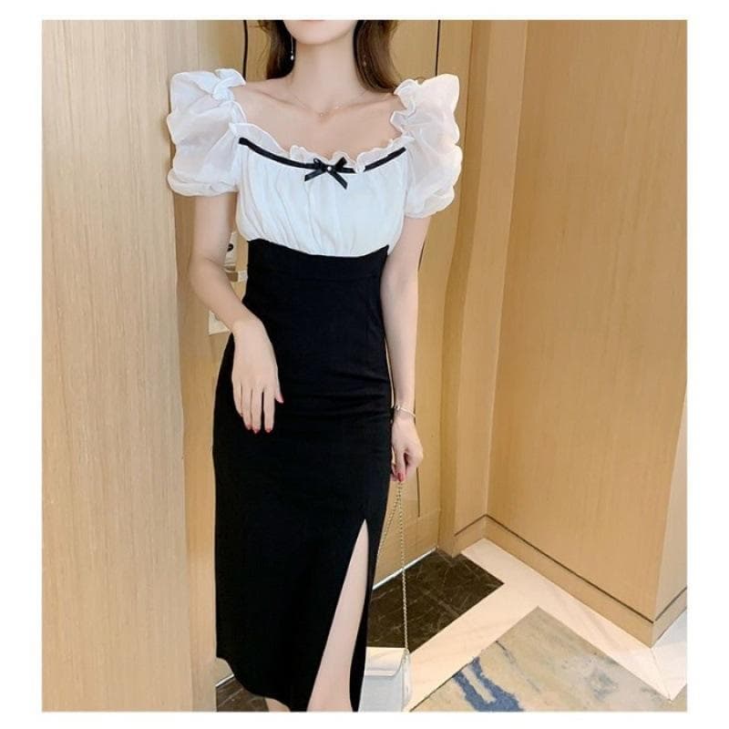 New Slim Temperament Slim Dress Summer French Splicing Hip Skirt Bubble Sleeve Skirt Women 2XL white
