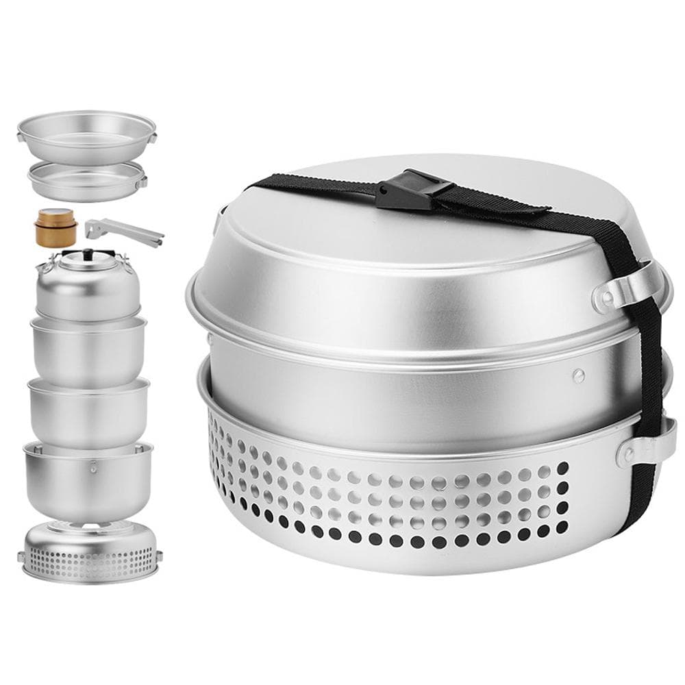 10pcs Camping Stove Kit Camping Pot Pan Stove Set for Outdoor Camping Cooking Backpacking silver