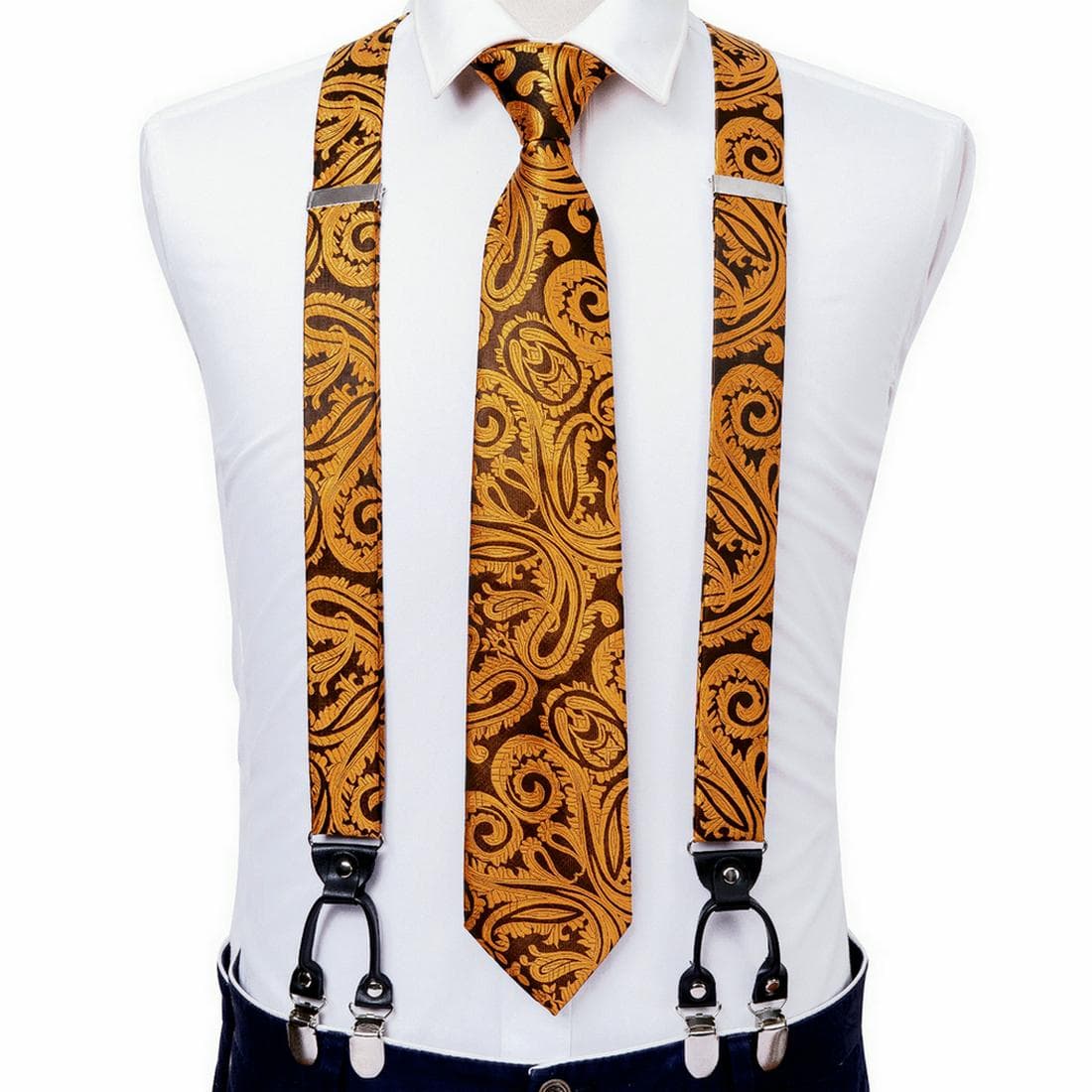 Fashion 6 Clip Men's Tie Suspenders 3.5cm Width Adjustable Elastic Strap Red Braces Suspender Silk Tie Set BJ-2013,N-0988