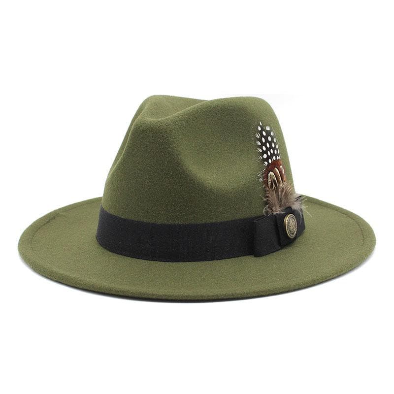 White Woolen Gentleman Classic British Jazz Feather Top Hat Wide Brim Party Church Wedding Fedora Hats Men Women Panama Felt Cap M 56-58cm army green