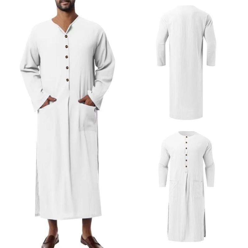 Men Muslim Robe Abaya Islamic Clothes Tunic Dress Long Sleeve Shirts Maxi S white