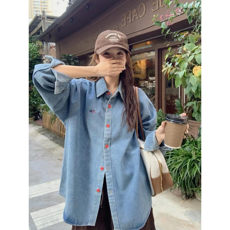 Old Washed Blue Denim Shirt for Women In Autumn and Winter Design Versatile Casual Long-sleeved Top Jacket 2XL blue