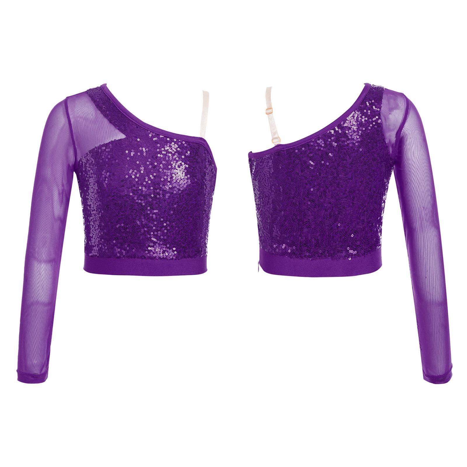 Shiny Sequin Crop Top for Girls Long Sleeve One Shoulder Jazz Hip Hop Ballet Dance Tops Dancewear 13-14 Years purple