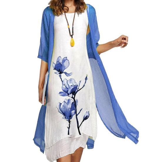 2Pcs/Set Spring Autumn Women Retro Flower Print Irregular Hem Vest Dress Solid Color Half Sleeve Shawl Coat Elegant Outfit 3XL blue