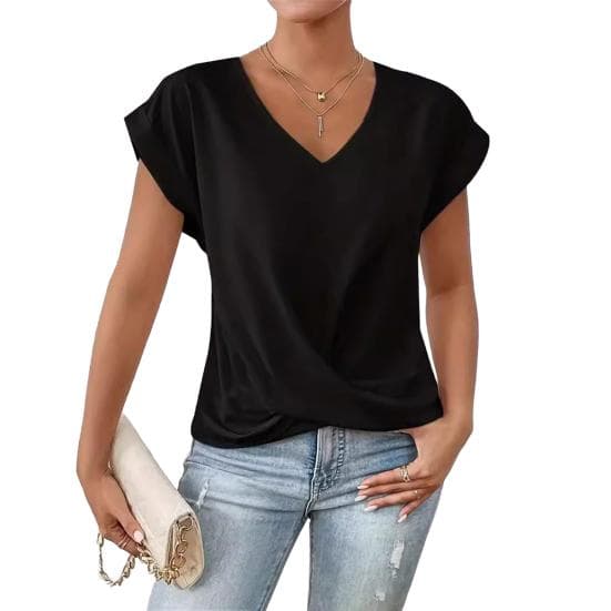 Women Tops V-Neck Short Sleeve Wrinkle Design Tee Shirt Solid Color Loose Fit Cross-Pleated Tops Daily Wear S black