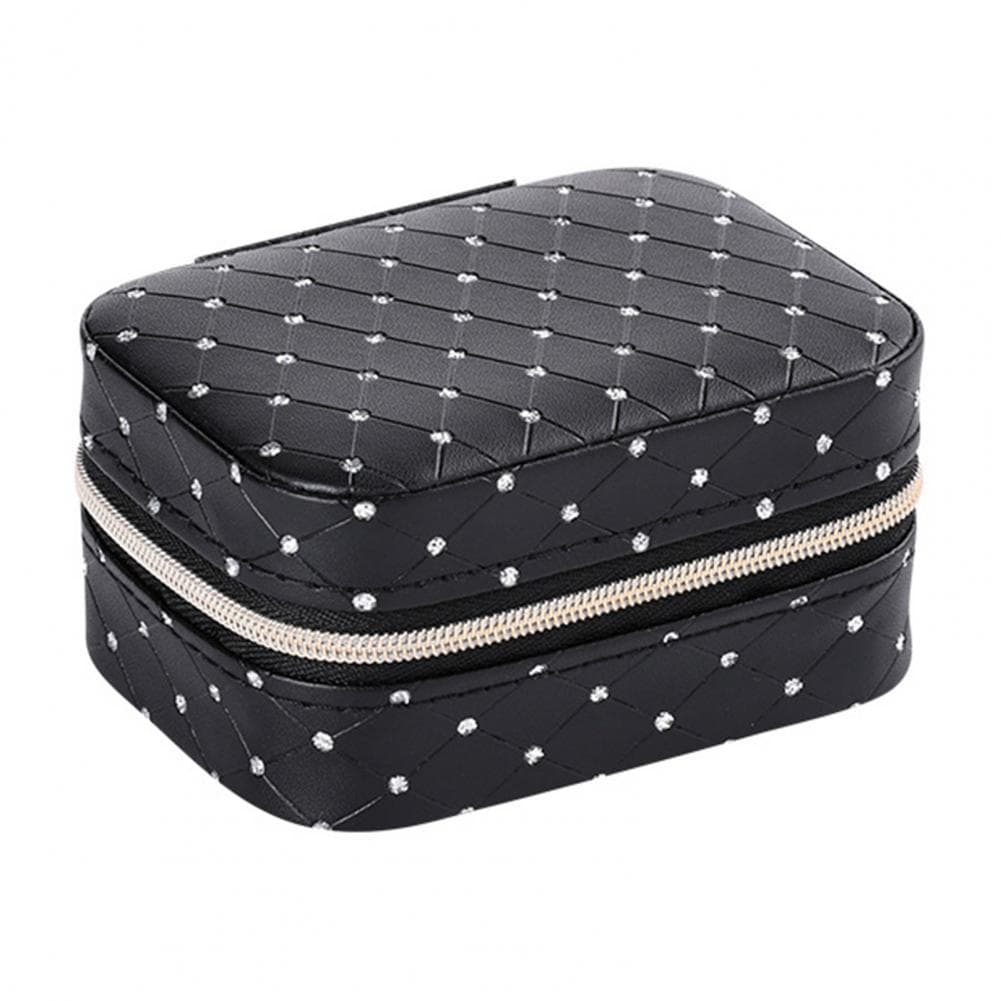 Luxurious Mini Jewelry Organizer Rhinestone-encrusted Jewelry Organizer Box Travel Case for Girls Faux Leather for Earrings black