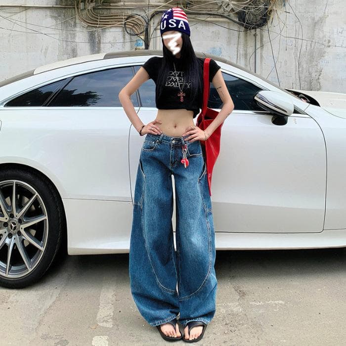 Retro Scimitar Pants for Women with High Waist Letter Embroidery Loose Wide-leg Jeans for Women with Scimitar Jeans for Women XL