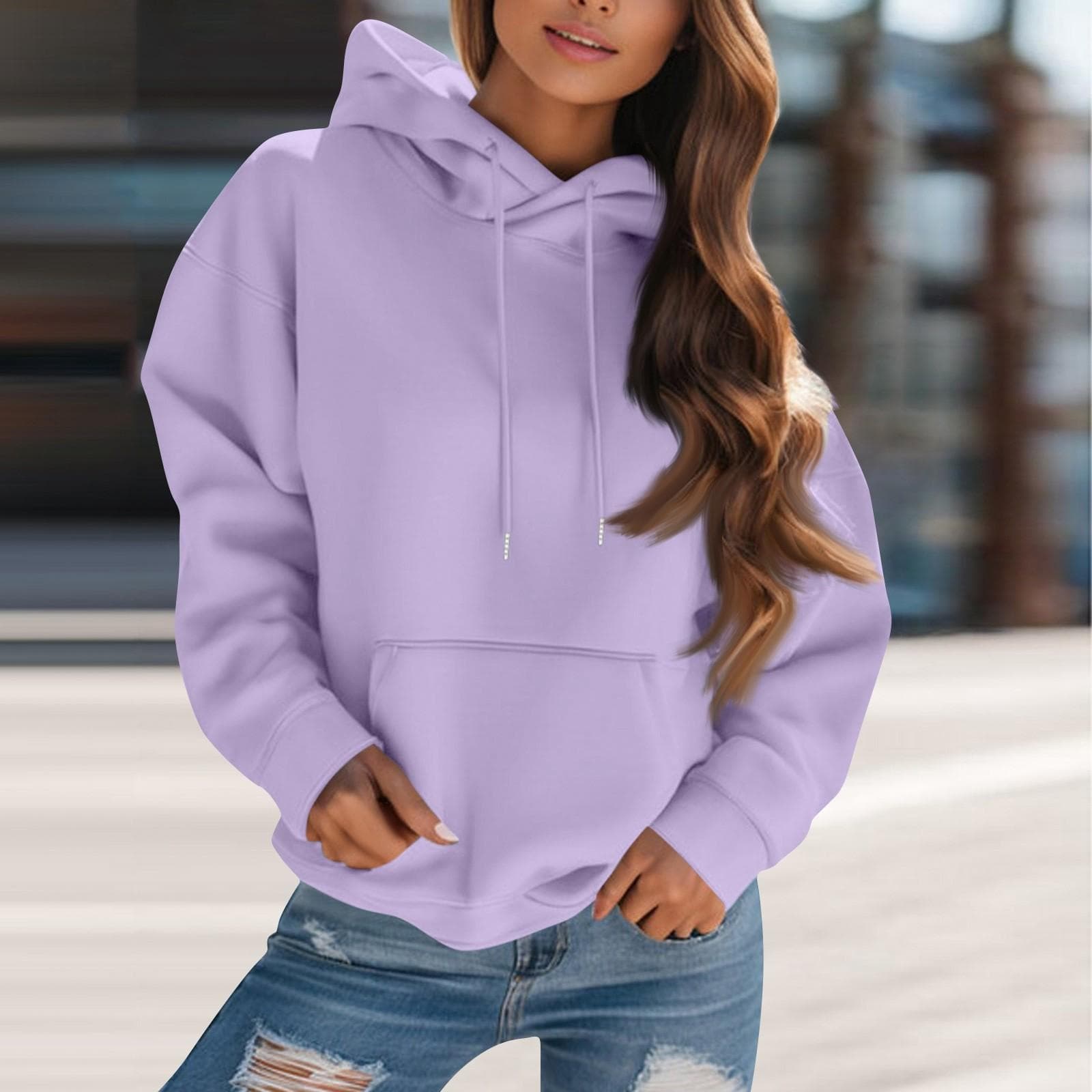 Women's Fashion Solid Color Hooded Drawstring Long Sleeve Loose Pullover Sweatshirt Top L light purple