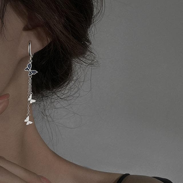 ANENJERY Copper Butterfly Tassel Long Earring Micro-inlaid Blue Zircon Hoop Earrings For Women Jewelry Whole silver