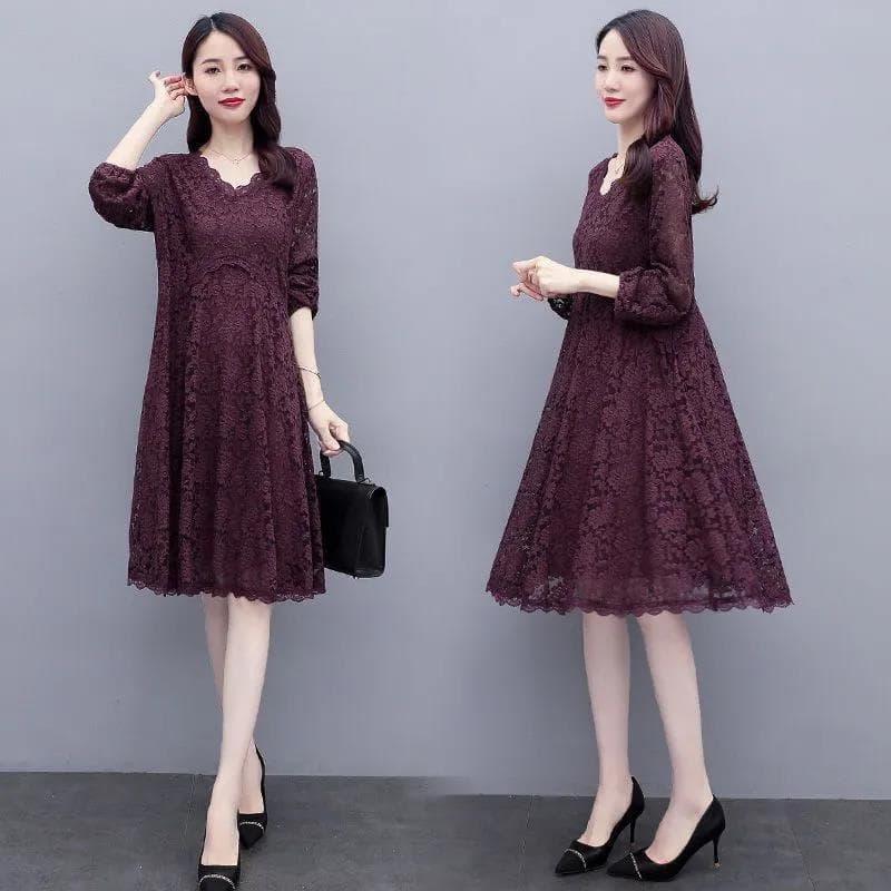 Women Solid Color Lace Long Sleeve V-neck Dress Spring and Autumn Large Size Loose Knee-length Size M-XXXXXL L red