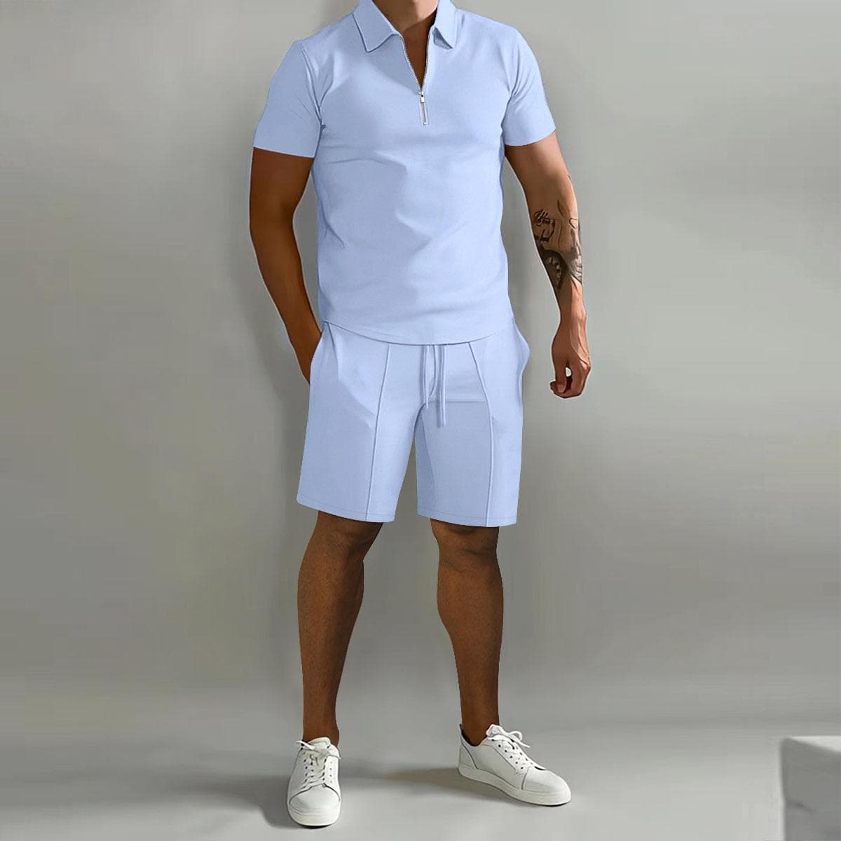 2023 Summer Men's Casual Polo and Shorts Sports Suit - European and American Style 2XL light blue