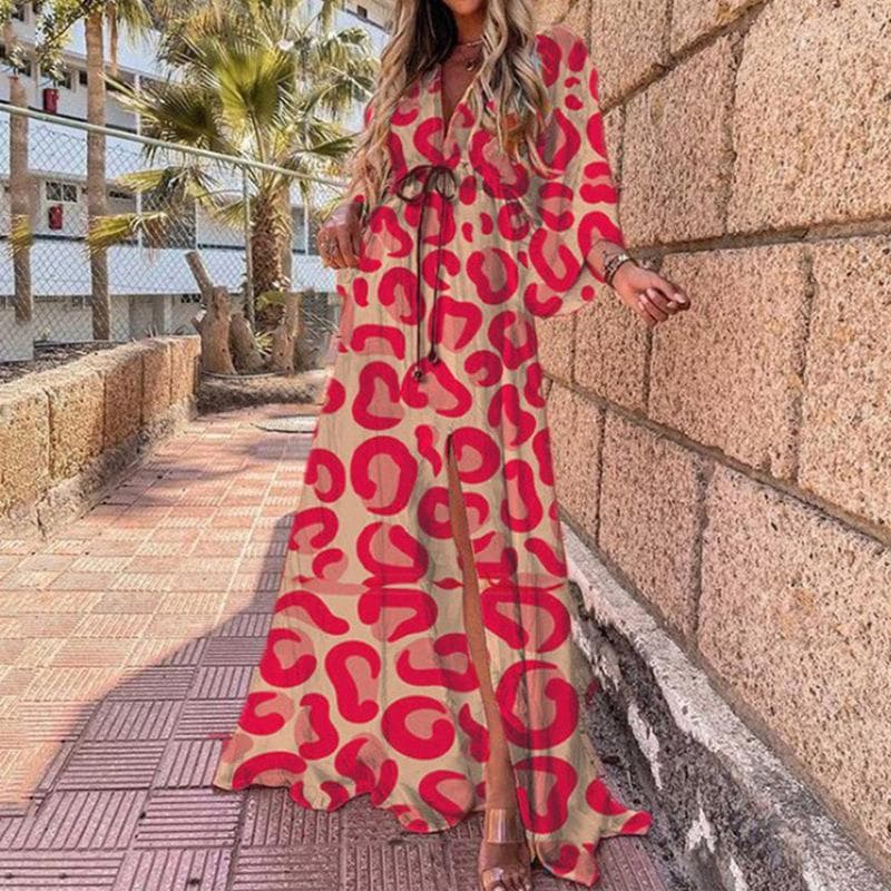 Spring Women's Fashion V-neck Printed Elegant Lace-up Long Dress 3XL
