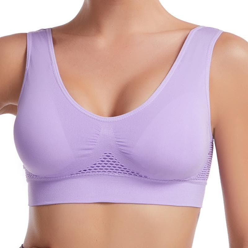 No steel ring hollow mesh ventilation hole sports bra shockproof yoga running large size underwear women's sports bra M light purple