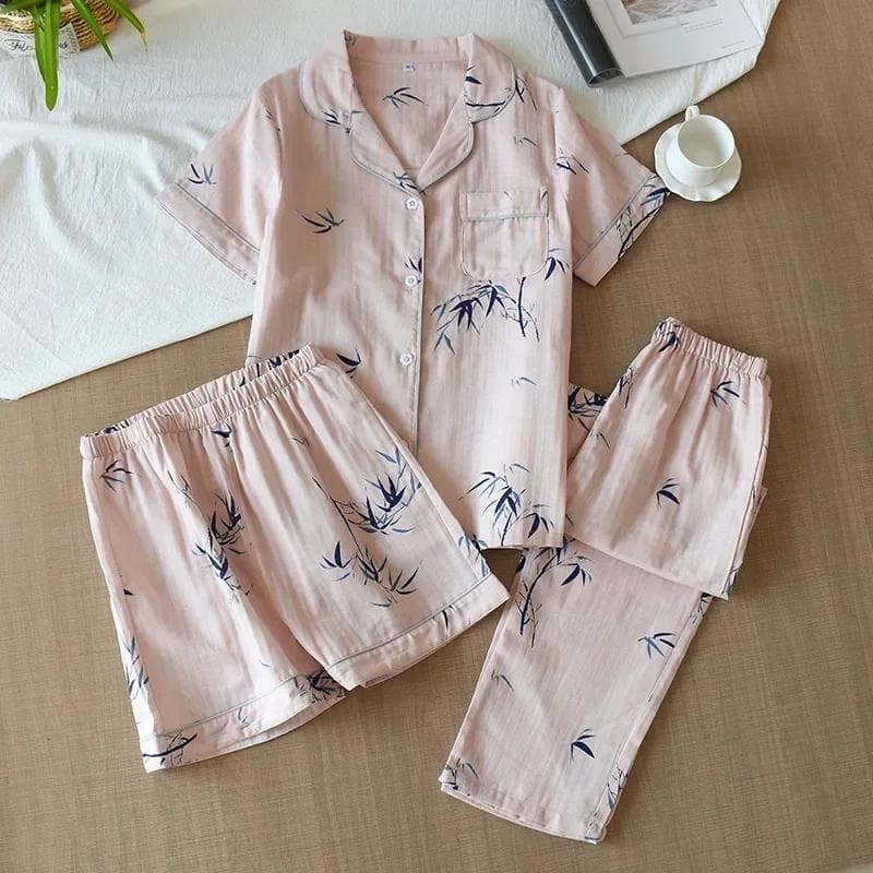 Three-piece Set of Japanese Pajamas for Women In Spring, Summer and Autumn 100% Cotton Gauze Short-sleeved Shorts and Trousers Summer Suit M