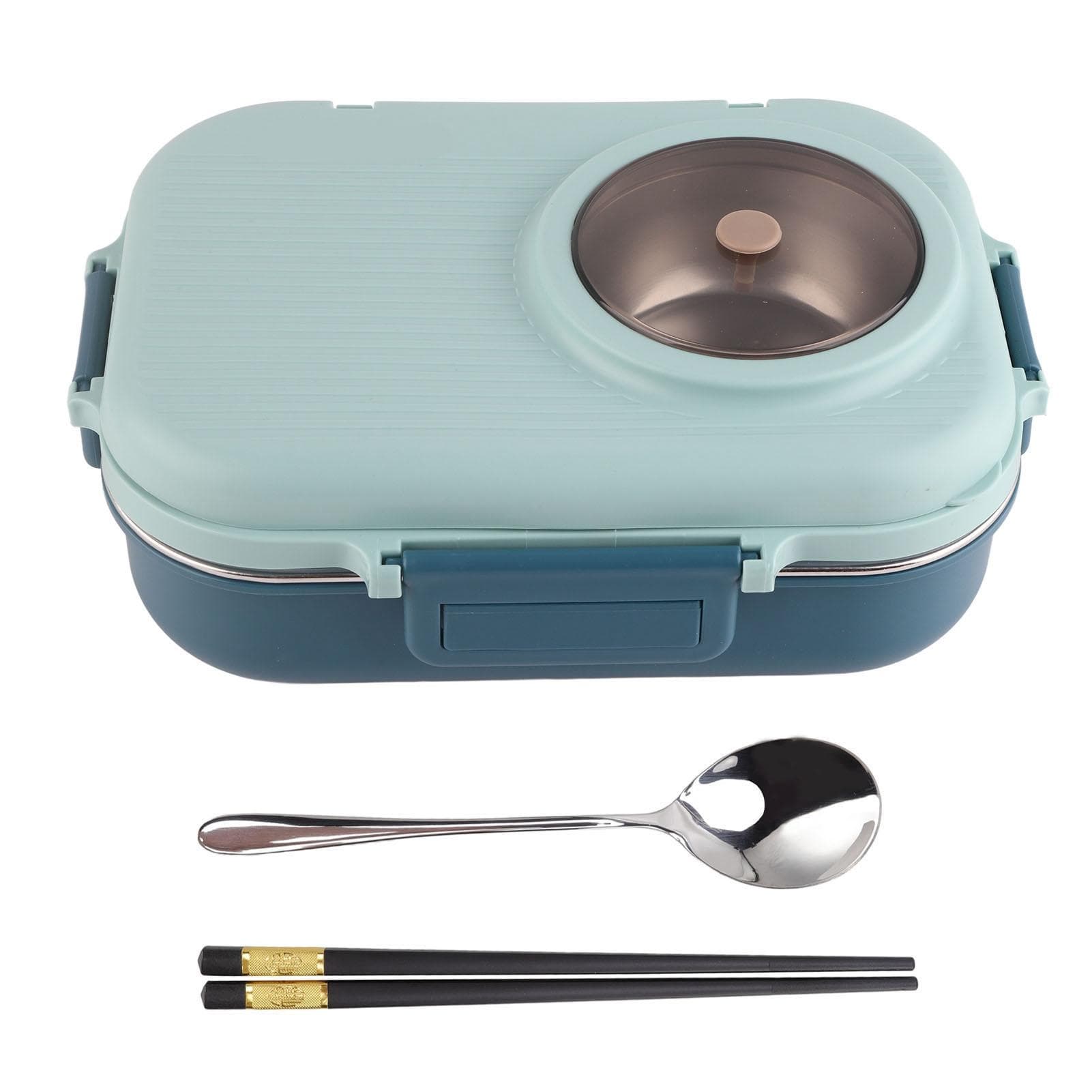 Thermal Lunch Box 1100ml Double Layer 3 Grid Design 304 Stainless Steel Bento Box with Chopsticks L blue