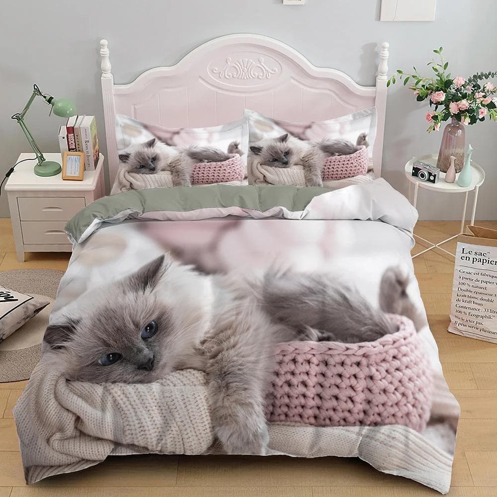 3D Printed Cute kitten Pet Cat Bedding Set Boys Girls Twin Queen Size Duvet Cover Pillowcase Bed Kids Adult Home Textileextile EU Single 135x200cm