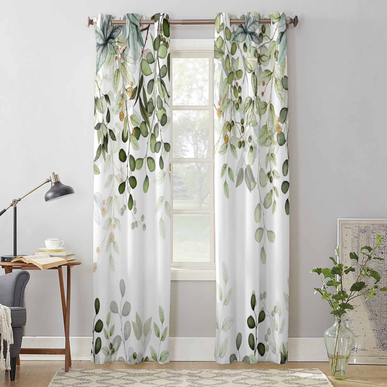 Abstract Sage Green Leaves Branches Window Curtains for Living Room Bedroom Curtain Modern Kitchen Blinds Drapes Curtains 135W x 92H(cm) x1
