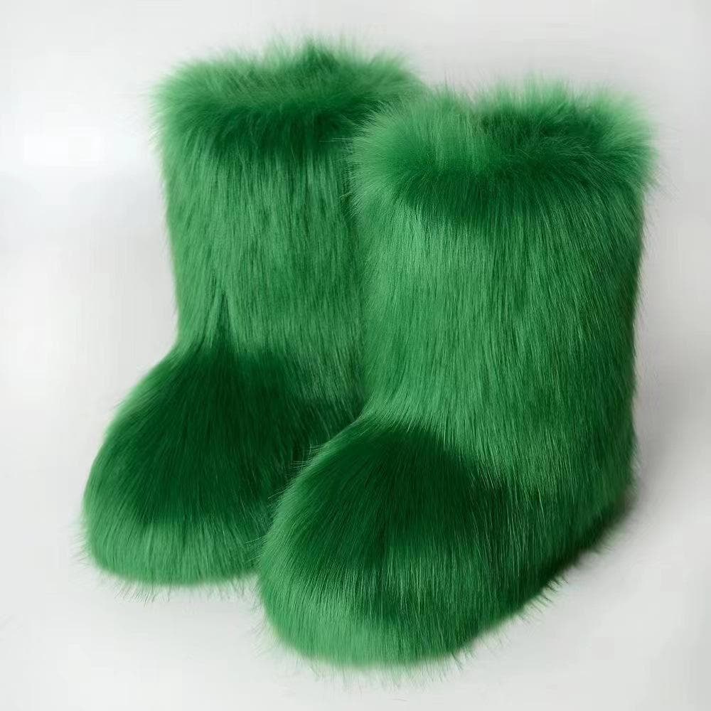 Winter Women Fluffy Faux Fox Fur Boots Woman Plush Warm Snow Boots Luxury Footwear Girls Furry Fur Bottes Fashion Winter Shoe 44 green