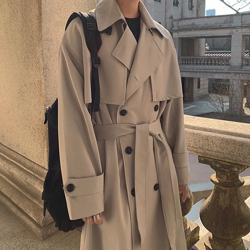 Autumn Knee Trench Coat Men's Medium and Long Double-breasted Loose Coat M