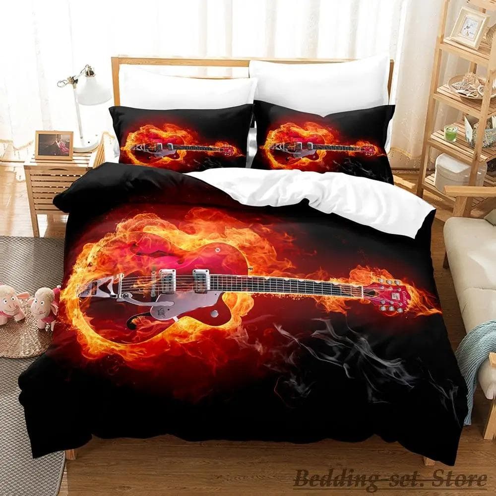 Music Guitar Bedding Set Single Twin Full Queen King Size Bed Set Adult Kid Bedroom Duvetcover Sets Anime parure de lit Bed AU Queen 210x210cm