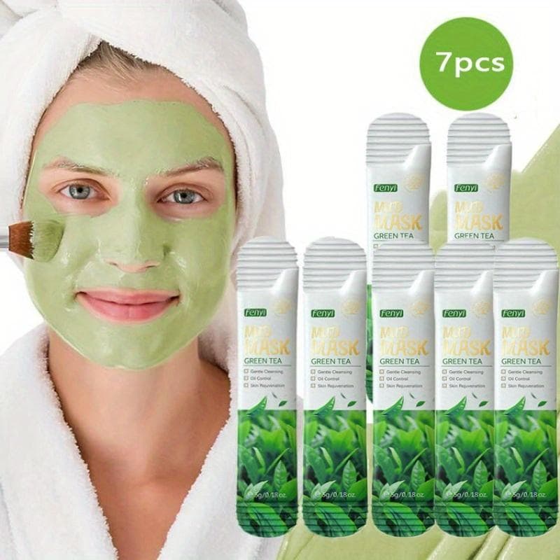 5g*7pcs Green Tea Facial Mask Mud, Mild and Clean, Oil Control, Moisturizing and Firming Mud Facial Mask 7pcs