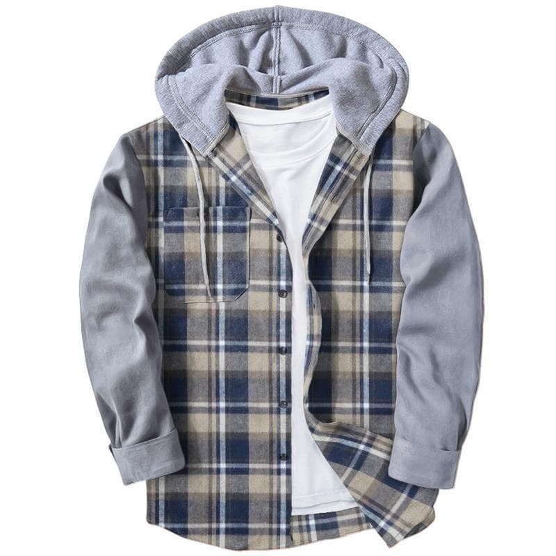 Plaid Men's Shirt Contrast Color Long Sleeve Cardigan Hooded 2XL