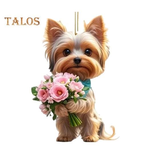 Car Pendant 2D Puppy with Flower Christmas Tree Hanging Pendant Lightweight Rearview Mirror Window Bag Decoration Charm Key Chain Pendant khaki