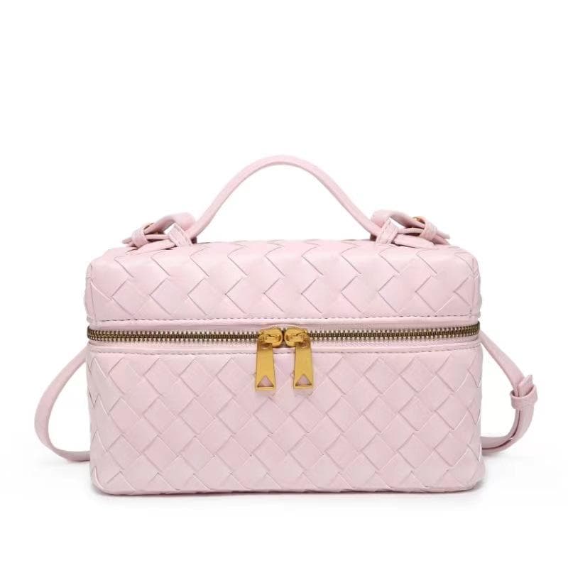 Leather Woven Bag, Women's Cosmetic Bag, Hand-held, Crossbody, Large-capacity Box Bag pink