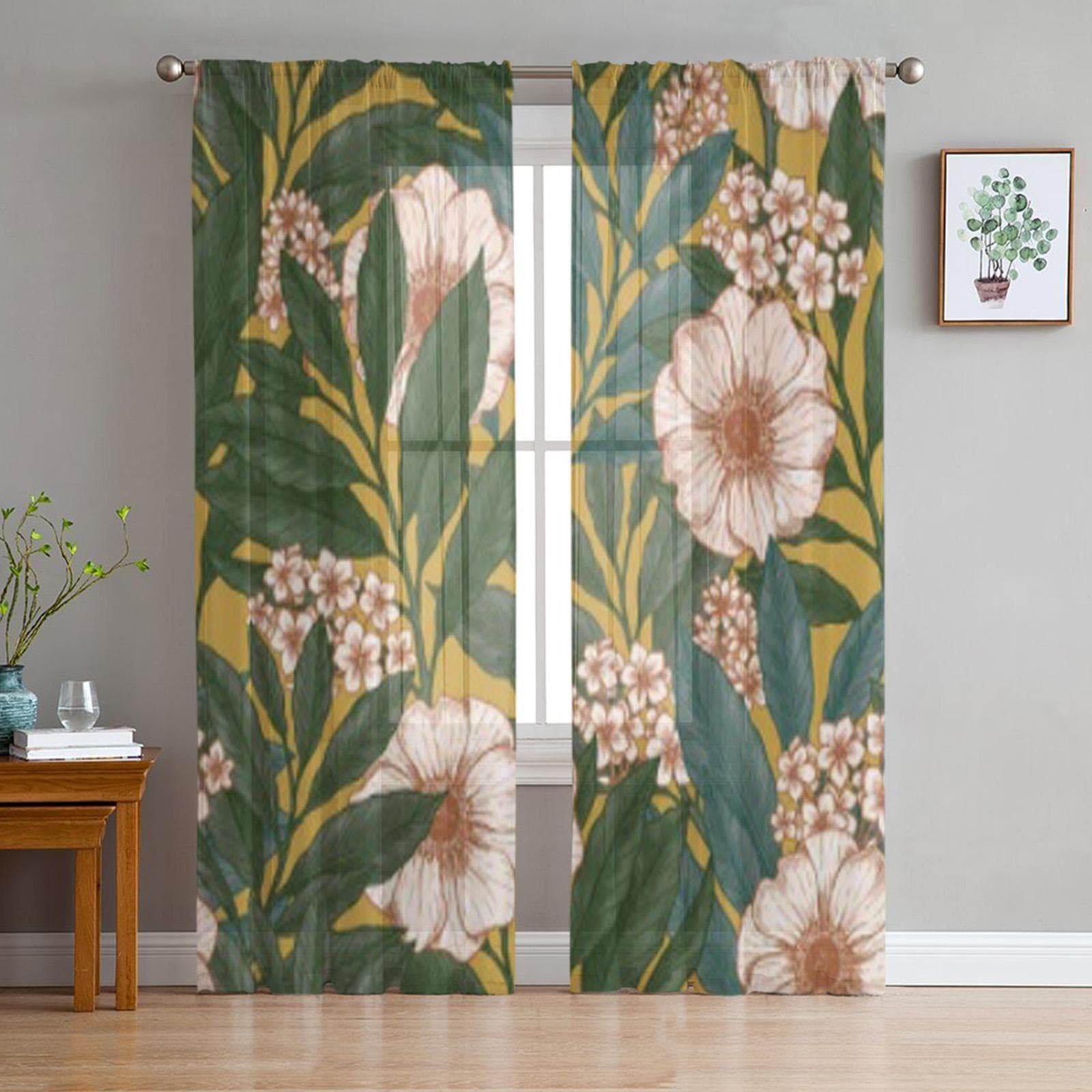 Wild Garden Flower Sheer Curtains for Living Room Transparent Tulle Window Treatments Bedroom Kitchen Home Decor Veil Drapes 135W x 114H(cm)