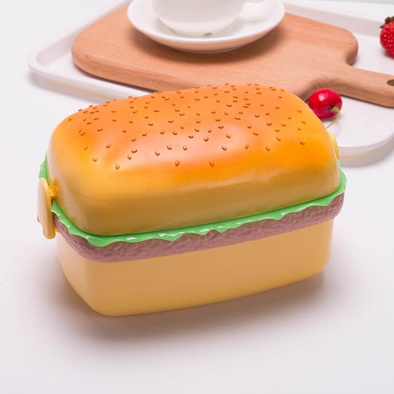 Hamburger Lunch Box Double Tier Cute Burger Bento Box Microwave Children School Meal Food Container Fork Tableware Set Gifts orange