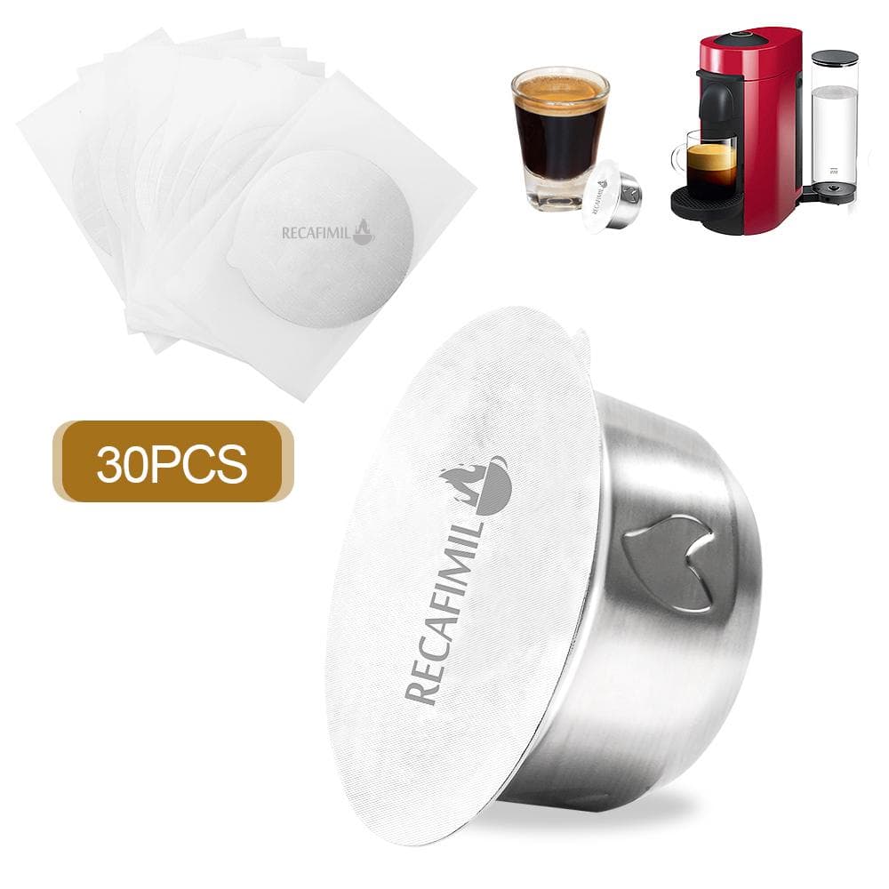 Stainless Steel Reusable Refillable Coffee Capsules Compatible with nespresso vertuo Coffee Cup Filter with 30 PCS Aluminum Foil silver