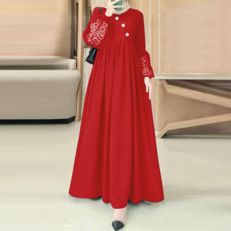 ZANZEA Women Print Patchwork Elasticated Cuffs Lantern Sleeves Casual Long Dress 3XL red