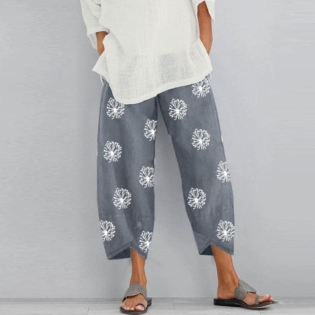 Women Vintage Harem Pants Floral Print Elastic Waist Plus Size Loose Trousers Cotton Linen Wide Leg Pant Loose Summer Pants S light grey