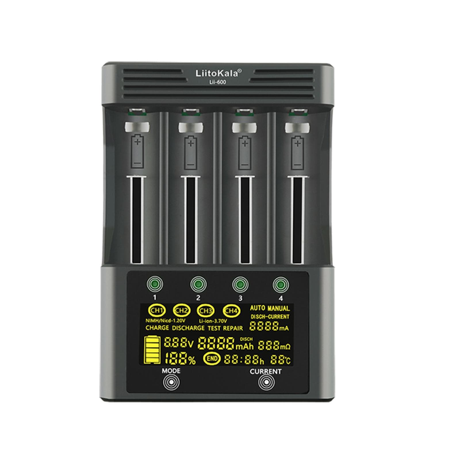 LiitoKala lii-600 Li-ion-3.7V Ni-MH1.2V Battery Charger 4 Slots Independent Charging Portable 18350 EU Plug black