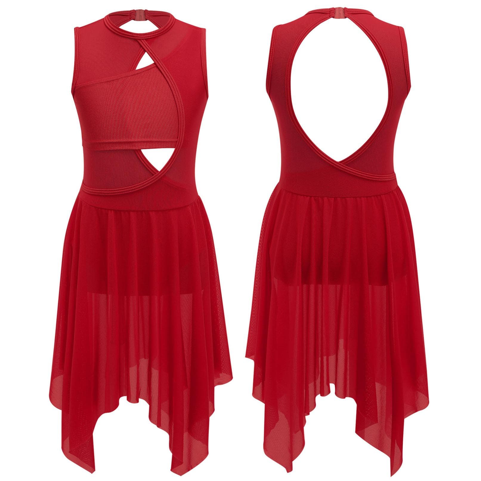 Kids Girls Lyrical Modern Contemporary Dance Dress Ballet Leotard Dress Cut Out Front Backless Mesh Tulle Skirt 15-16 Years red
