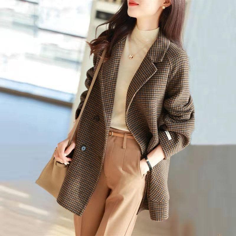New Autumn and Winter Pure Handmade Mid-length Double-sided Wool Jacket Small Suit Collar Wool Loose Plaid Coat for Women XL