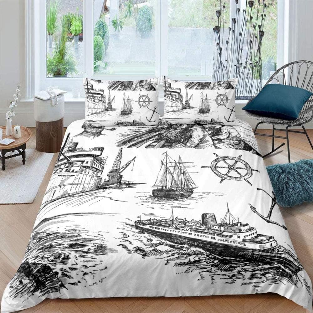 Nautical Sailboat King Queen Duvet Cover Coastal Sailing Boat Bedding Set Sea Adventure Comforter Cover Polyester Quilt Cover 200x200cm 3pcs
