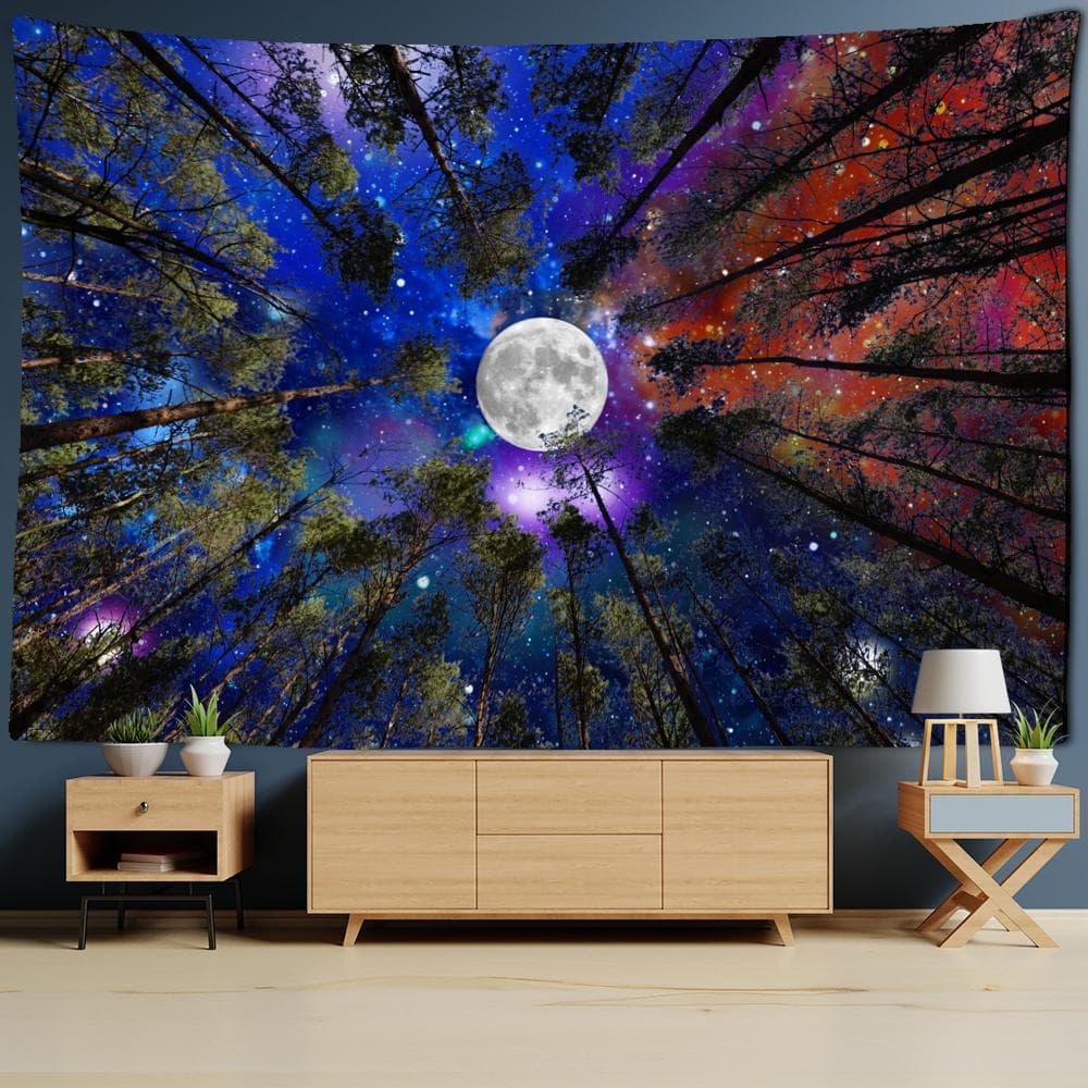 Moon Forest Tapestry Wall Hanging Psychedelic Night Sky Trees and Stars Fabric Polyester Home Decor Background Fabric 95x70cm