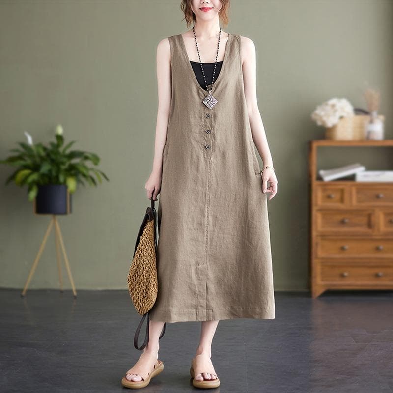 Summer Artistic Loose Solid Color Cotton Hemp V-neck Sleeveless Dress for Women Medium To Long Casual Dresses M khaki