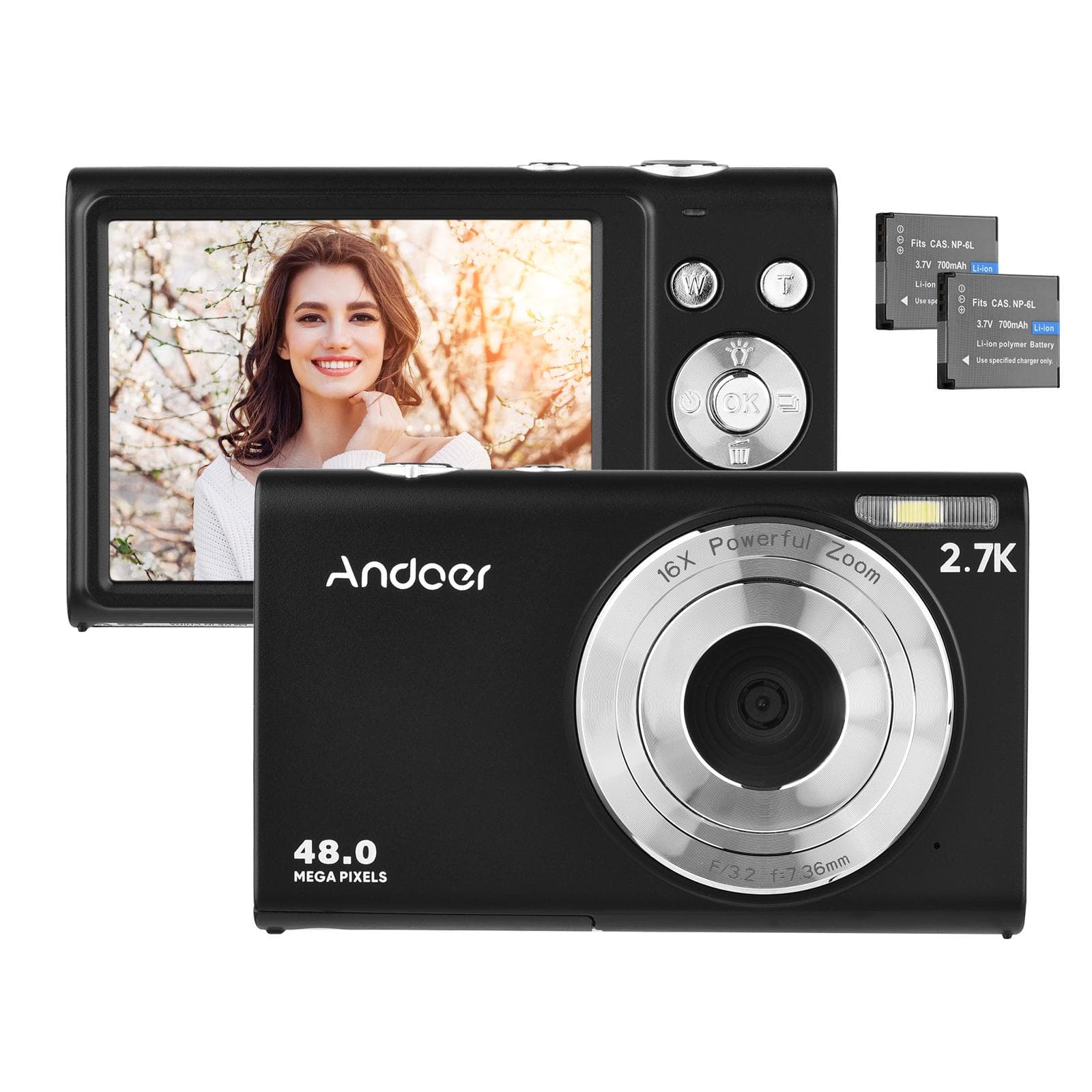 Andoer 2.7K Digital Camera Compact Video Camcorder 48MP Auto Focus 2.88 Inch IPS Screen 16X Zoom black