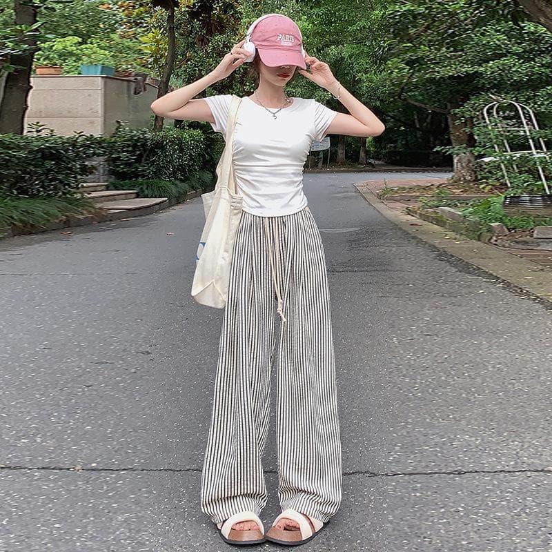 Women Striped Long Pants Elastic Waist Casual Loose Straight Wide Leg Trousers Plus Size S white