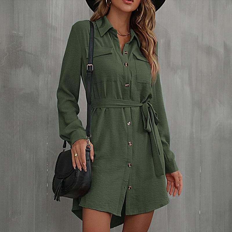 Spring and Autumn Women's Dress Cardigan Shirt Lapel Commuter Tie Shirt Long Sleeve Dresses S green