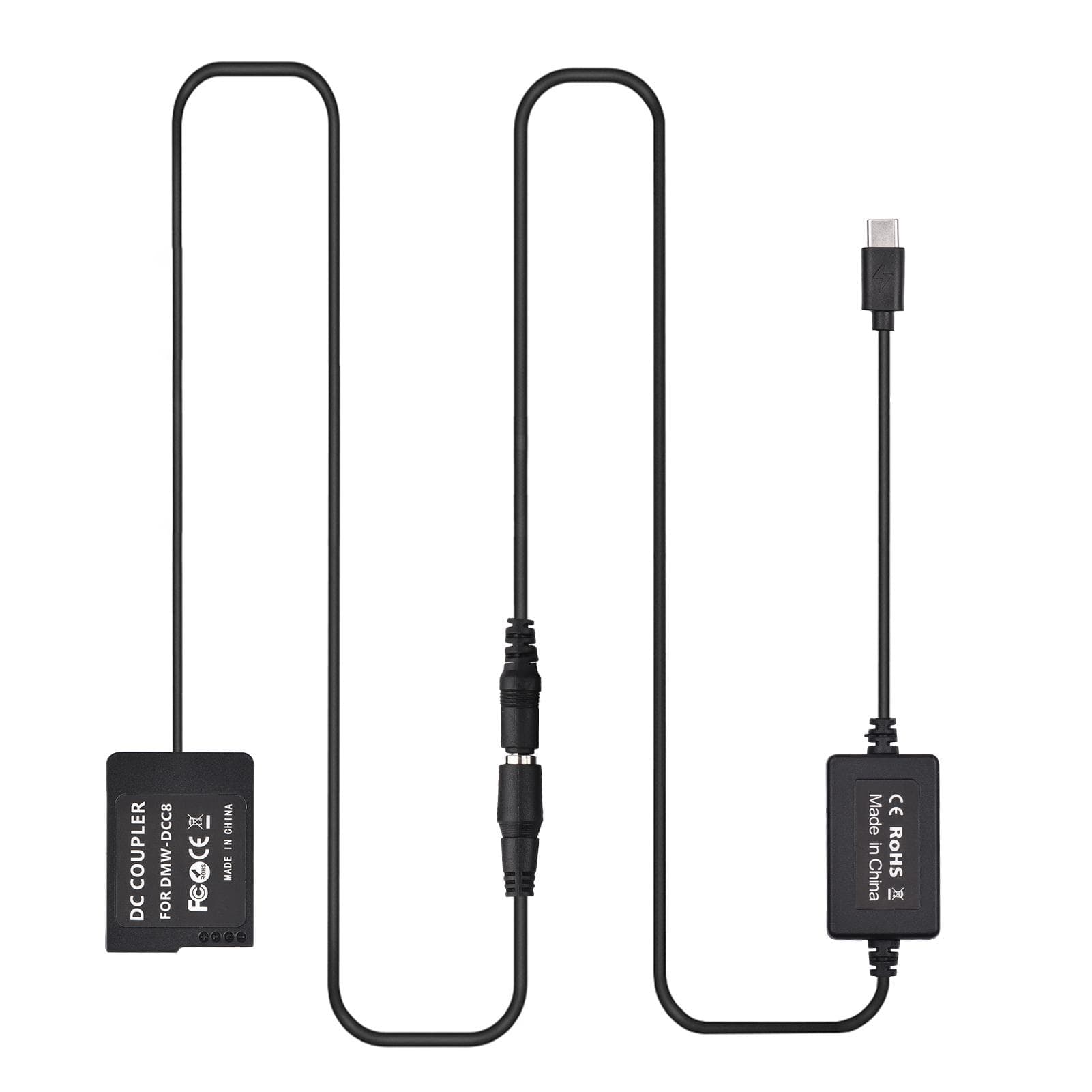 PD USB Type-C Cable to DMW-DCC8 Dummy Battery DC Coupler DMW-BLC12 Replacement for Panasonic LUMIX black