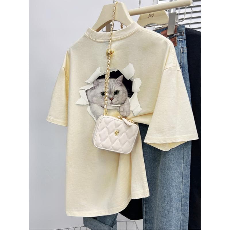 Cotton Large Size Design Sense Age-reducing Kitten Print Short-sleeved T-shirt Summer New Crew Neck Versatile Top XXXL apricot