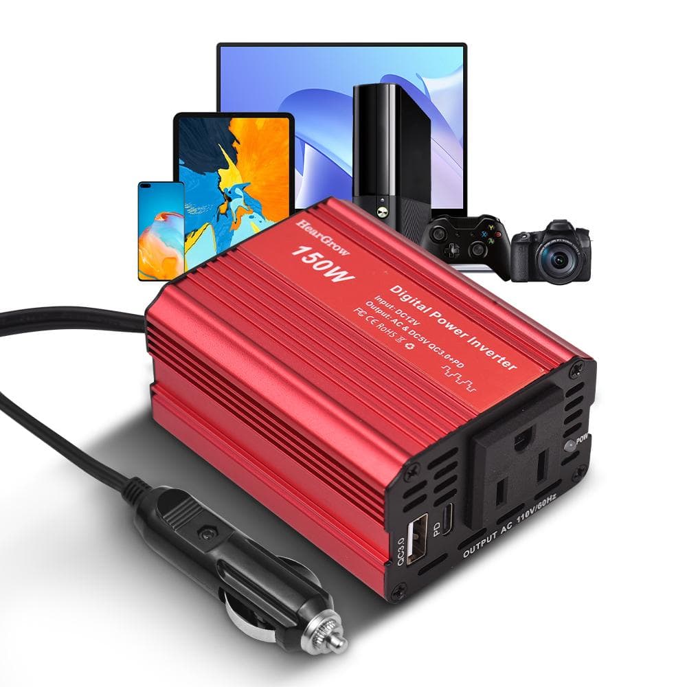 150W Power Inverter 12V to 220V AC Car Plug Adapter for Car Cigarette Lighter, Outlet Converter US Plug red