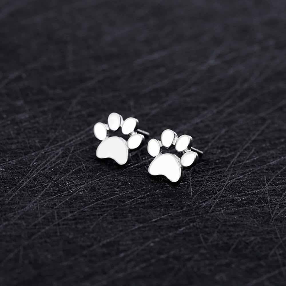 Pair of Earring Shinning Dog Cat Paw Print Stud Earrings Gift Jewelry for Women silver