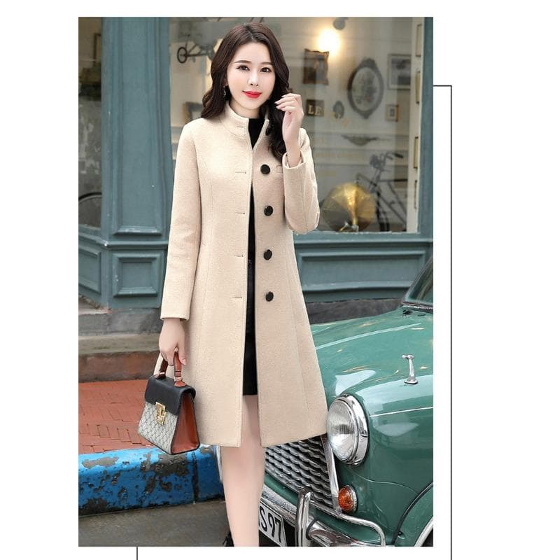 Autumn and Winter Woolen Coat Stand-up Collar Medium and Long Coat Women's Waist XL