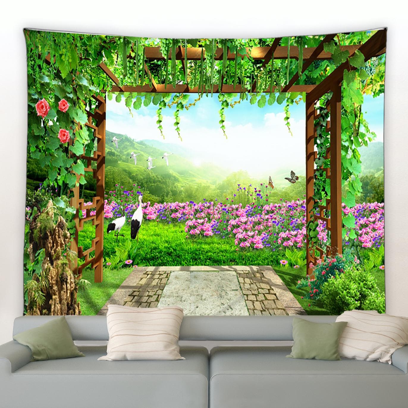 Spring Garden Landscape Tapestry Fence Natural Flower Plant Scenery Wall Hanging Living Room Room Aesthetics Home Decoration 100X75CM