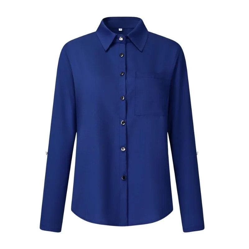 Spring Autumn Solid Long Sleeve Shirt Women Single-breasted Casual Women Blouse Office Turn-down Collar Simple Lady Tops 30437 M blue